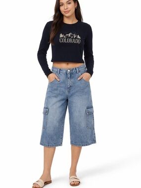 Riveted by Lee Cropped Carpenter Gaucho Jeans Light Wash Utility Denim Size 10